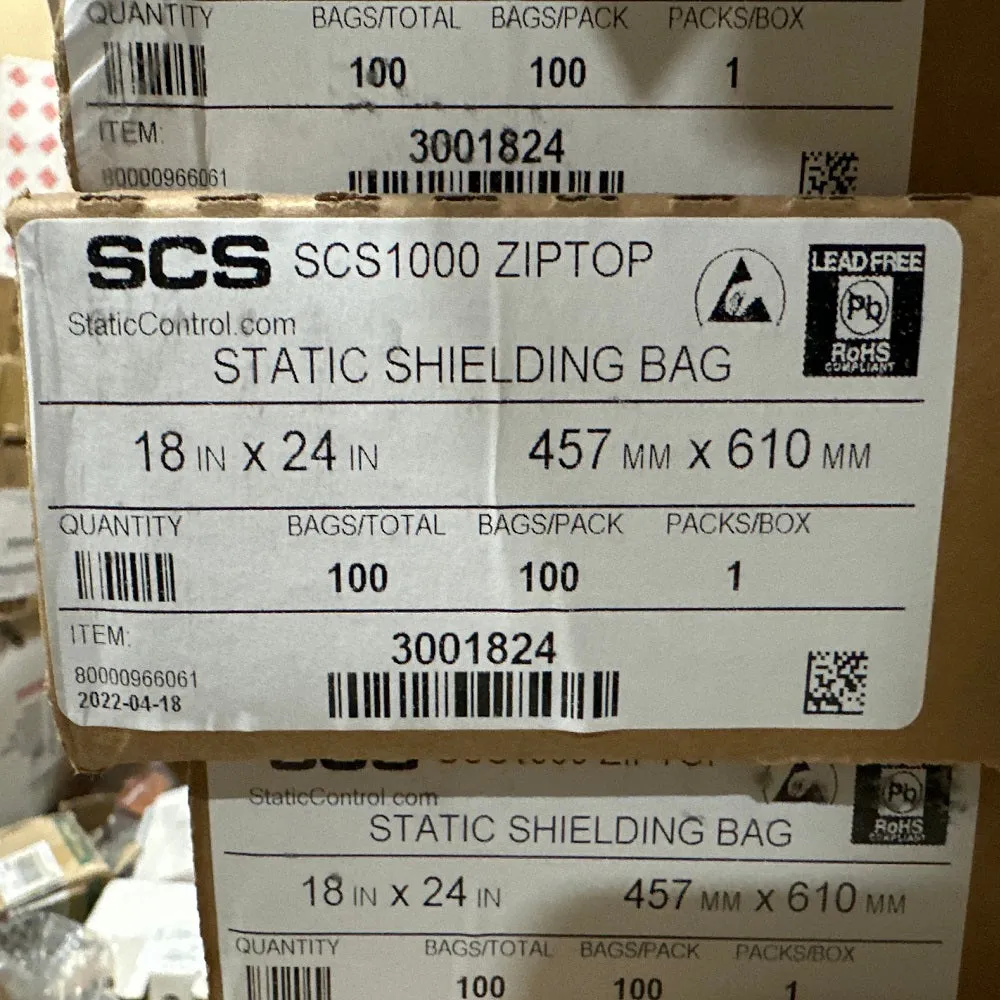 100 Pack of SCS 18" x 24" SCS1000 Metal-In Ziptop Static Shielding Bags 3001824