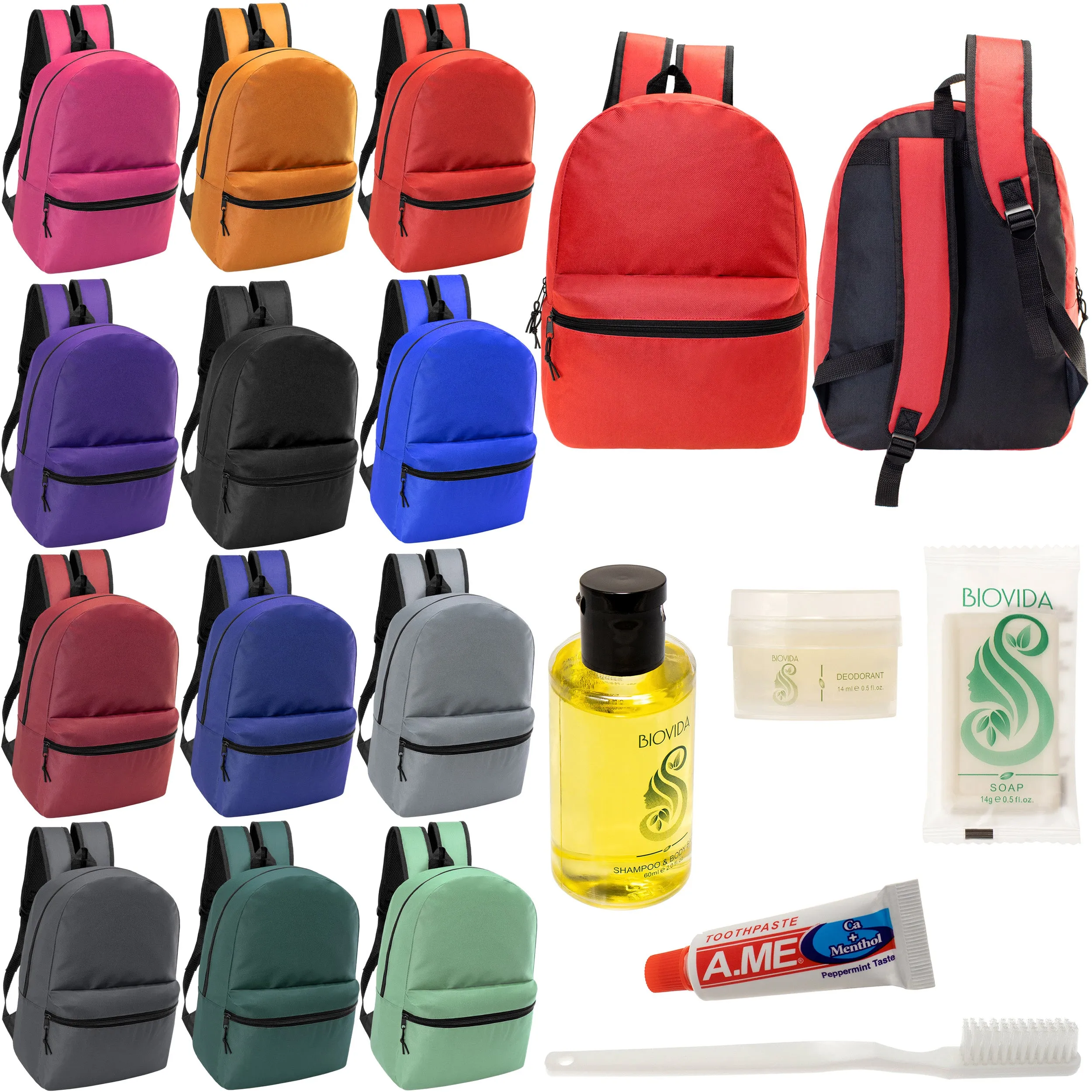 12 17" Classic Backpacks in 12 Assorted Colors & Your Choice of 12 Bulk Hygiene Kits - Wholesale Care Package: Homeless, Emergency, Charity