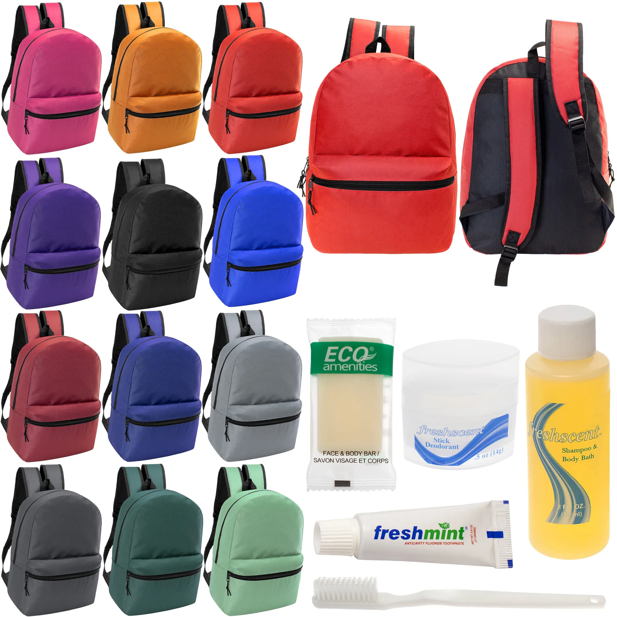 12 17" Classic Backpacks in 12 Assorted Colors & Your Choice of 12 Bulk Hygiene Kits - Wholesale Care Package: Homeless, Emergency, Charity