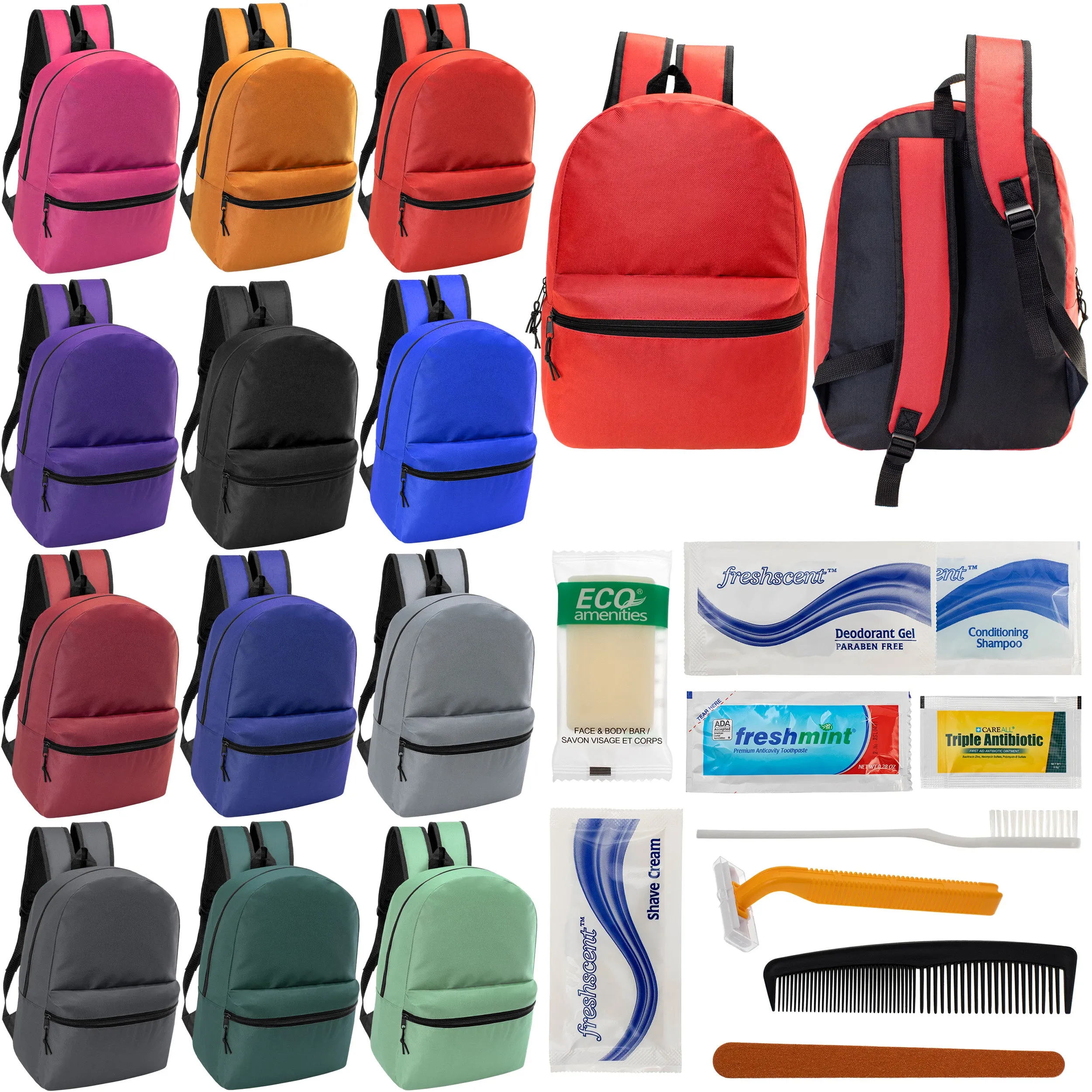 12 17" Classic Backpacks in 12 Assorted Colors & Your Choice of 12 Bulk Hygiene Kits - Wholesale Care Package: Homeless, Emergency, Charity