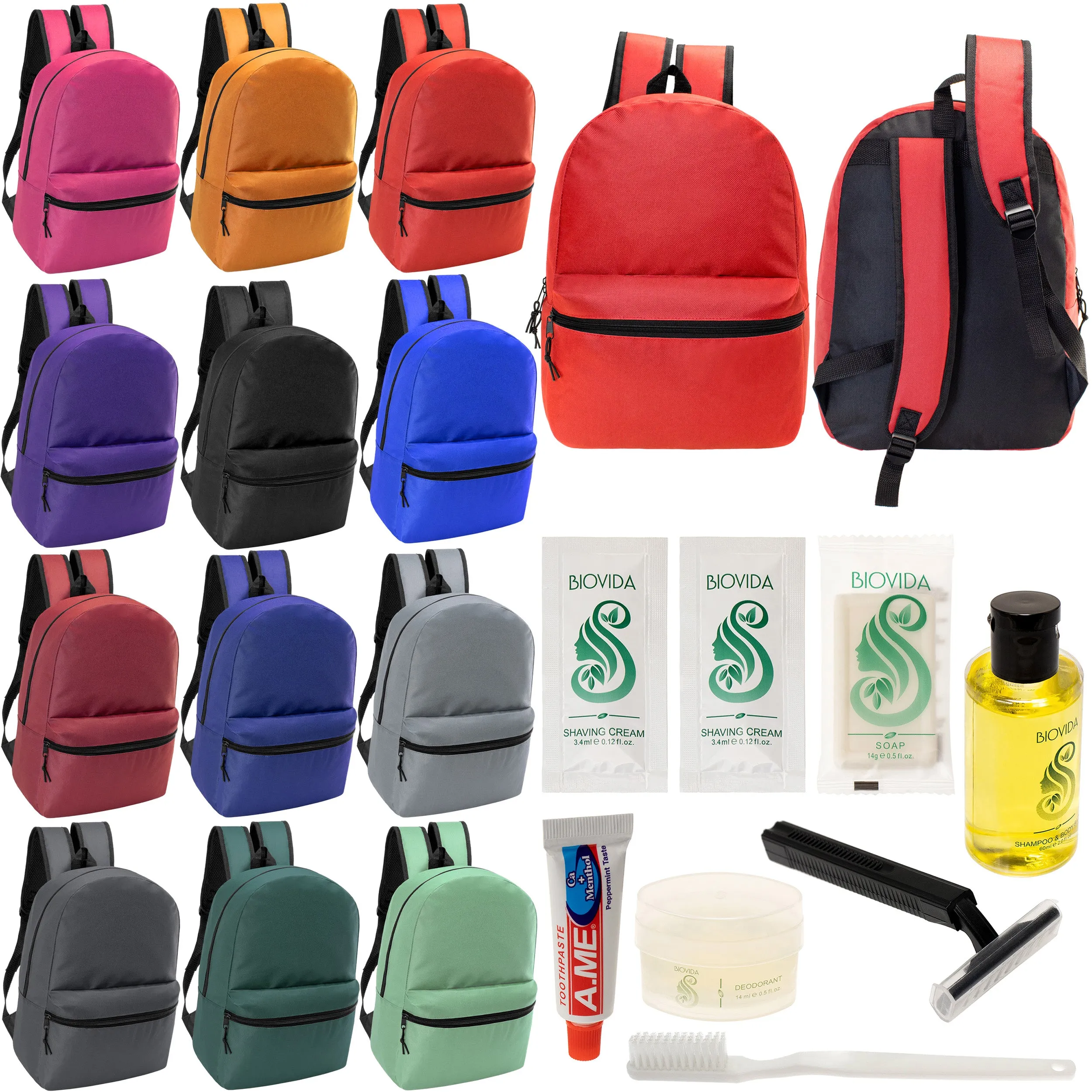 12 17" Classic Backpacks in 12 Assorted Colors & Your Choice of 12 Bulk Hygiene Kits - Wholesale Care Package: Homeless, Emergency, Charity