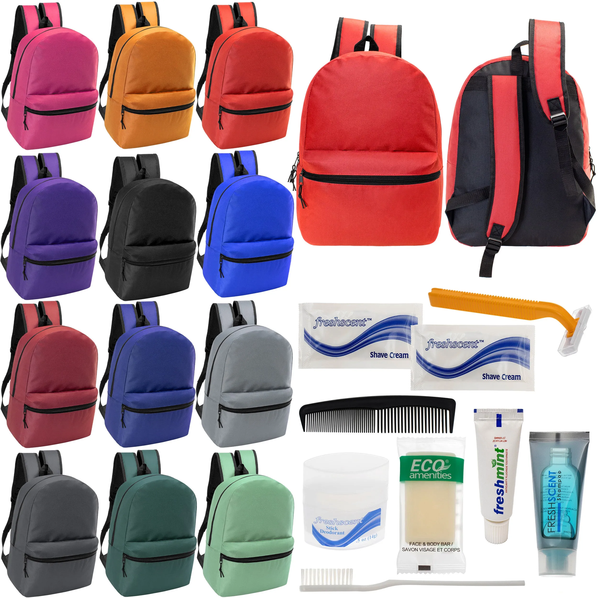 12 17" Classic Backpacks in 12 Assorted Colors & Your Choice of 12 Bulk Hygiene Kits - Wholesale Care Package: Homeless, Emergency, Charity