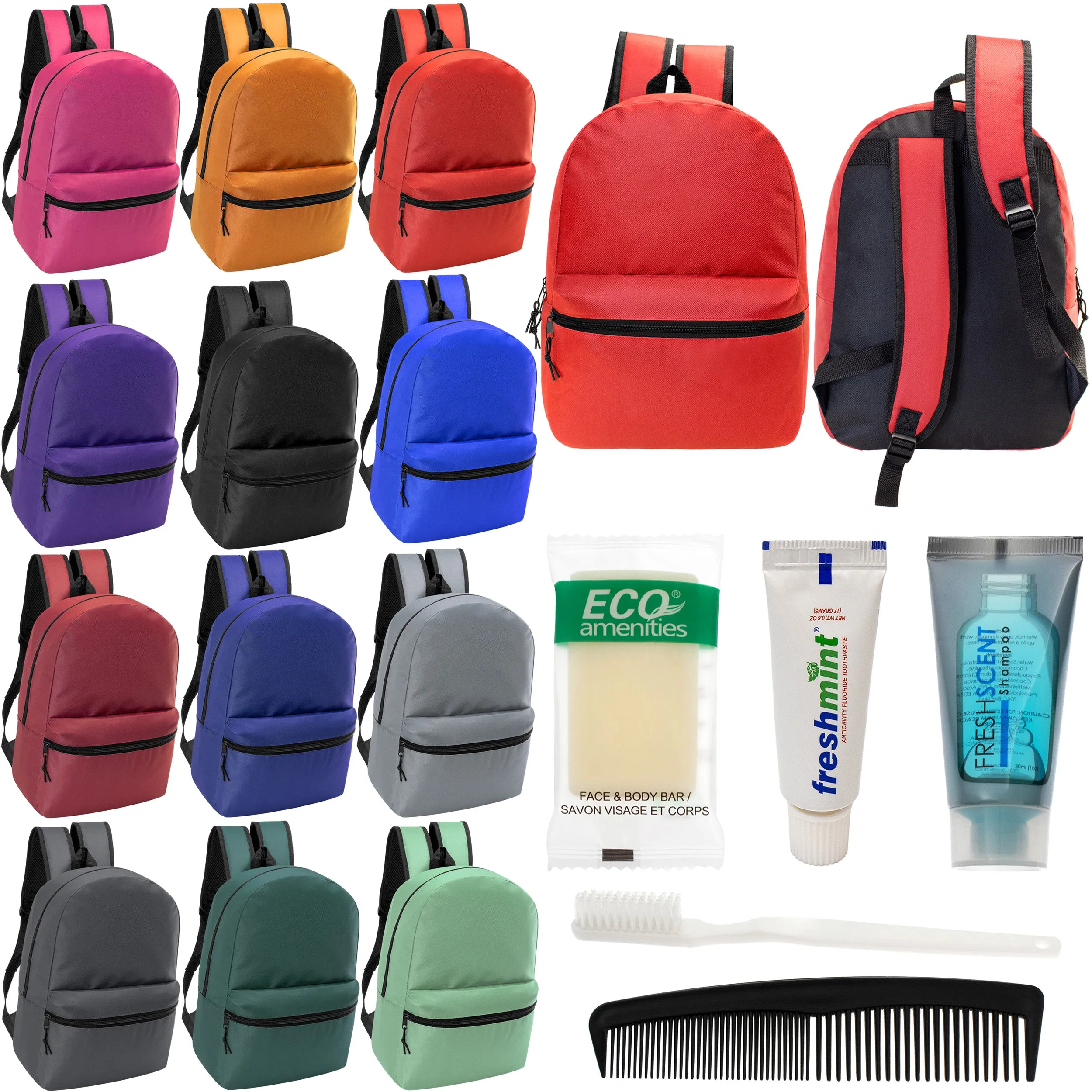 12 17" Classic Backpacks in 12 Assorted Colors & Your Choice of 12 Bulk Hygiene Kits - Wholesale Care Package: Homeless, Emergency, Charity