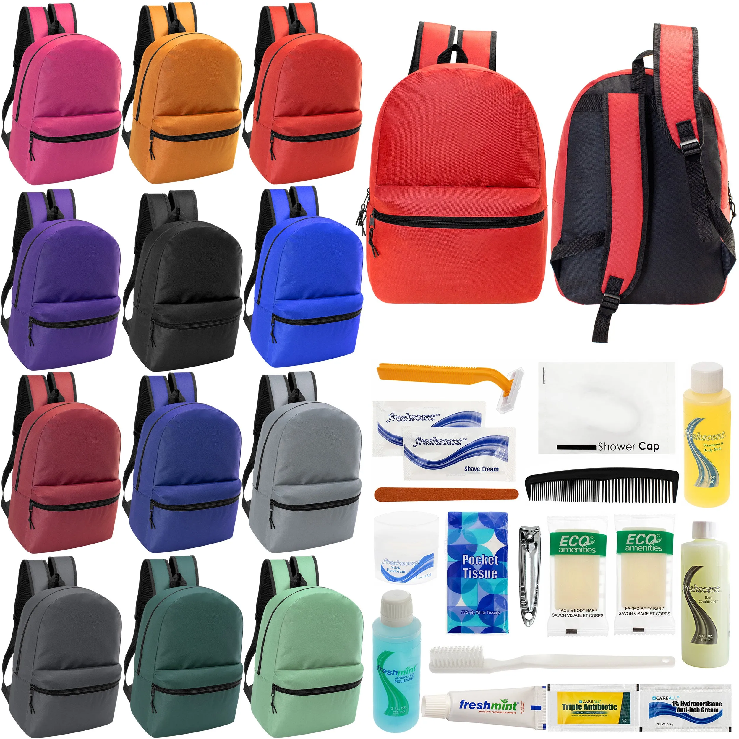 12 17" Classic Backpacks in 12 Assorted Colors & Your Choice of 12 Bulk Hygiene Kits - Wholesale Care Package: Homeless, Emergency, Charity