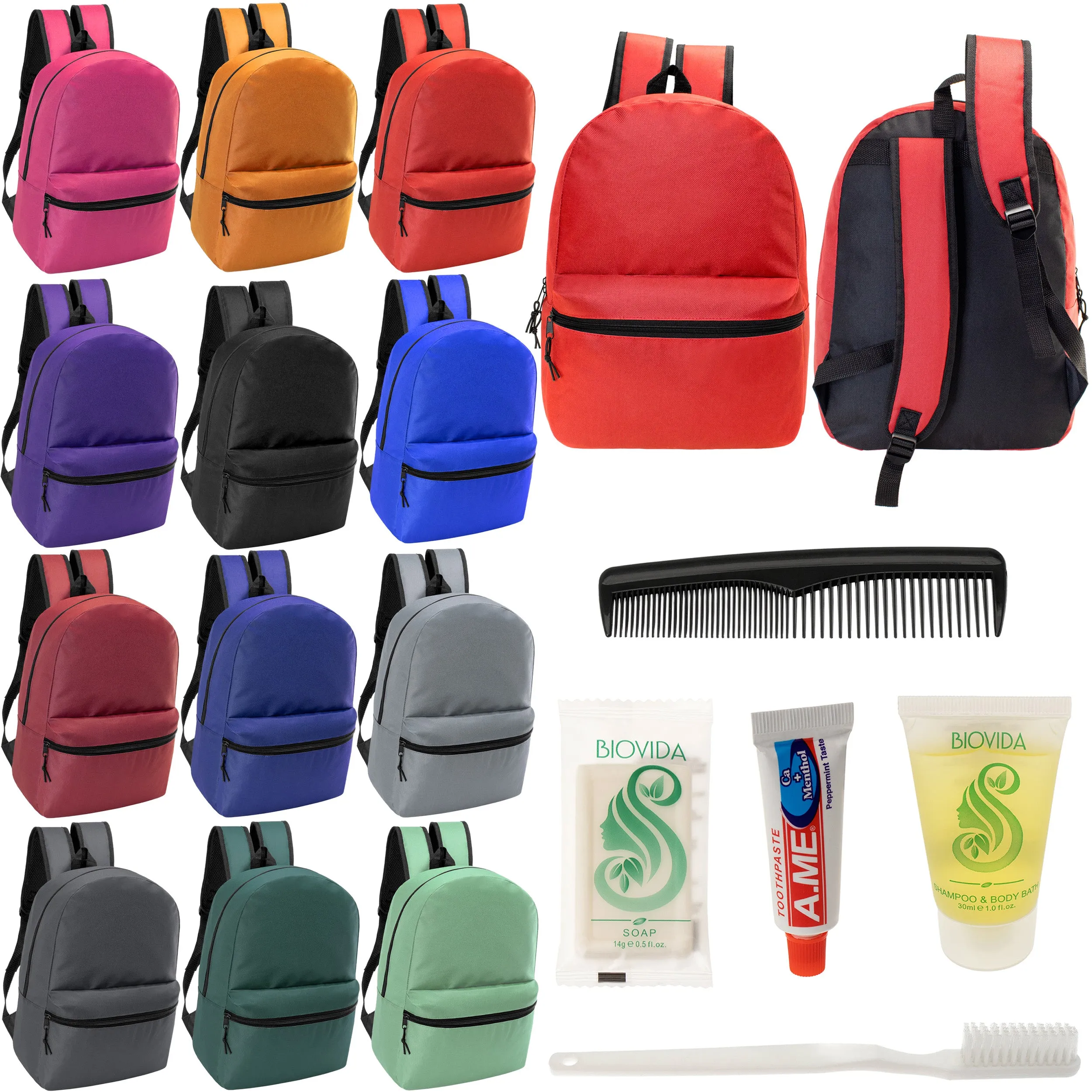 12 17" Classic Backpacks in 12 Assorted Colors & Your Choice of 12 Bulk Hygiene Kits - Wholesale Care Package: Homeless, Emergency, Charity