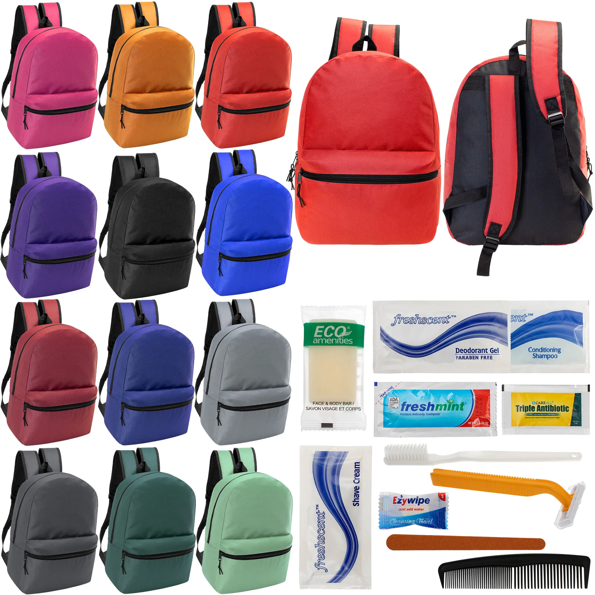 12 17" Classic Backpacks in 12 Assorted Colors & Your Choice of 12 Bulk Hygiene Kits - Wholesale Care Package: Homeless, Emergency, Charity