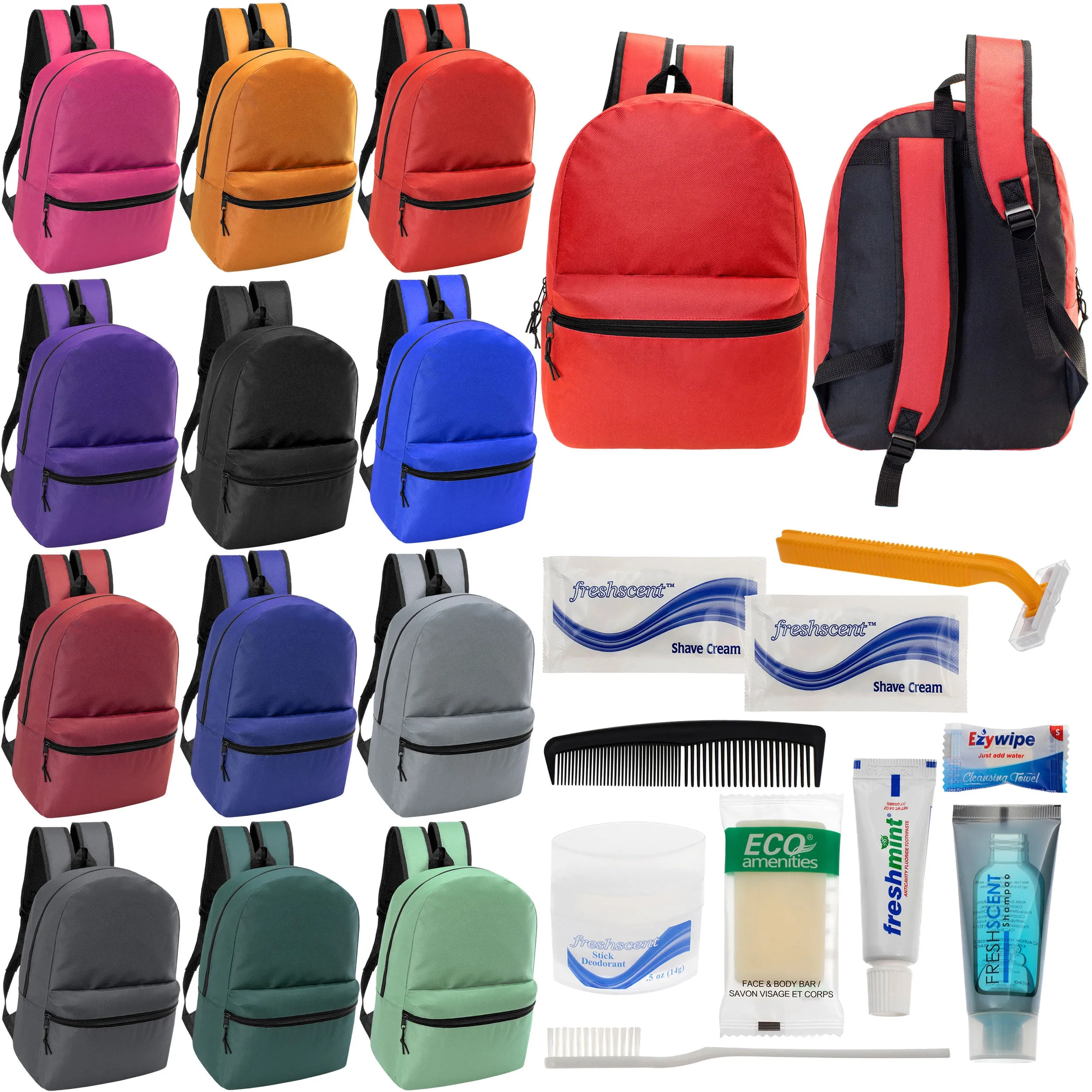 12 17" Classic Backpacks in 12 Assorted Colors & Your Choice of 12 Bulk Hygiene Kits - Wholesale Care Package: Homeless, Emergency, Charity