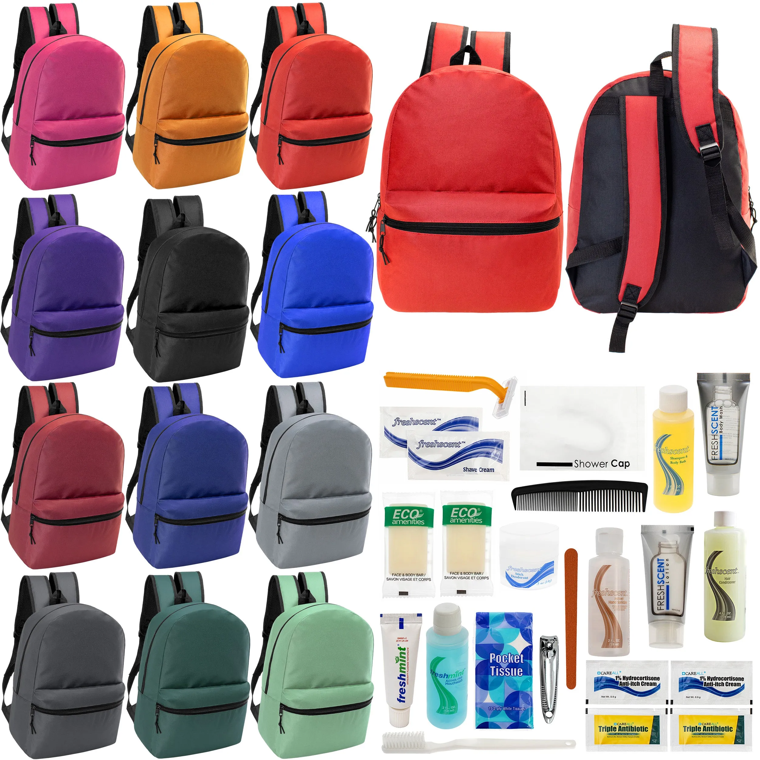 12 17" Classic Backpacks in 12 Assorted Colors & Your Choice of 12 Bulk Hygiene Kits - Wholesale Care Package: Homeless, Emergency, Charity