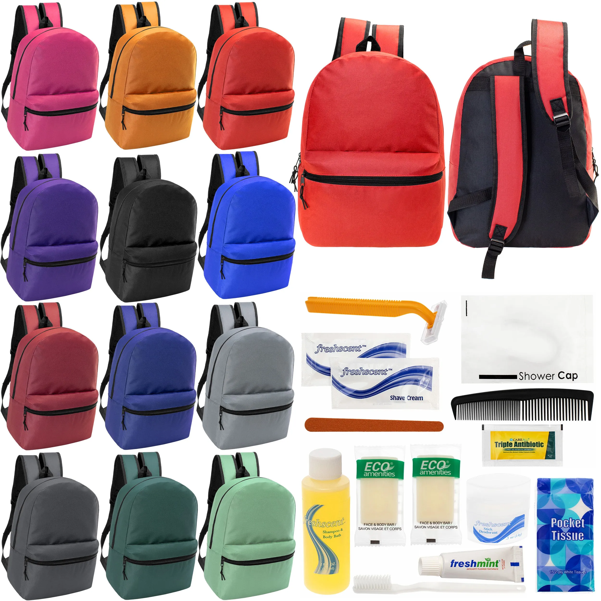 12 17" Classic Backpacks in 12 Assorted Colors & Your Choice of 12 Bulk Hygiene Kits - Wholesale Care Package: Homeless, Emergency, Charity