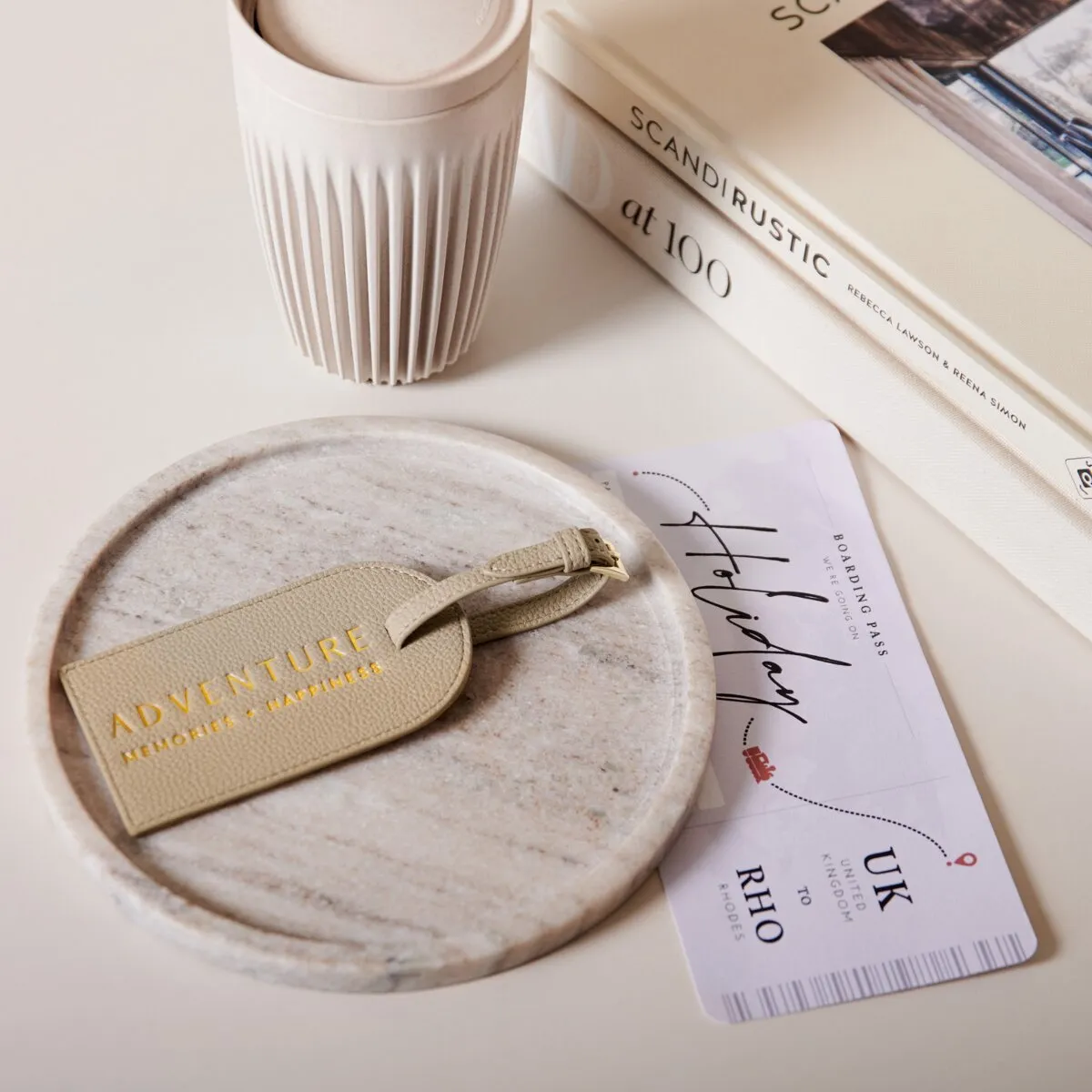 'Adventure, Memories, Happiness' Sentiment Luggage Tag | Light Taupe