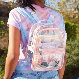 Clear mini backpack with front pocket and drawstring straps Clear Backpack for Concerts and Sports Events (9 x 5 x 11 inches)