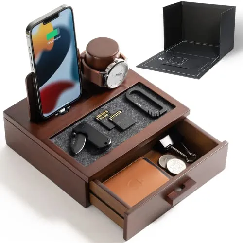 Holme & Hadfield Mens Organizer Wood Phone Dock Accessory Tray Charging Station