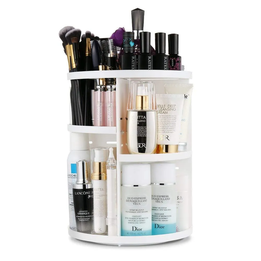 INOVERA (LABEL) Rubber Cosmetic Makeup Storage Holder Organizer Adjustable 360 Rotation Box Case, 23L X 23B X 30H Cm. (White)