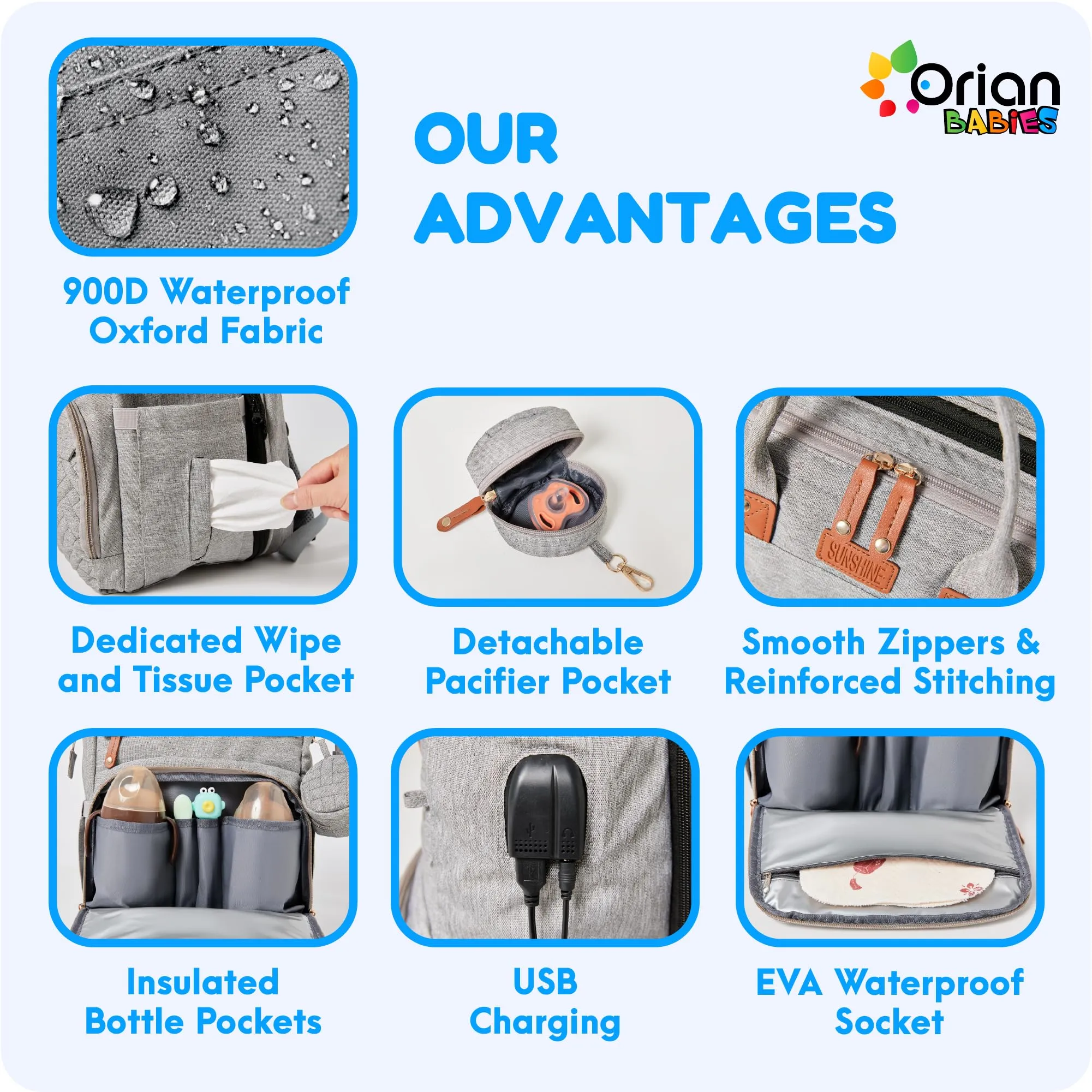 Orian Diaper Bag Backpack Changing Station Mosquito Net Usb Port Waterproof