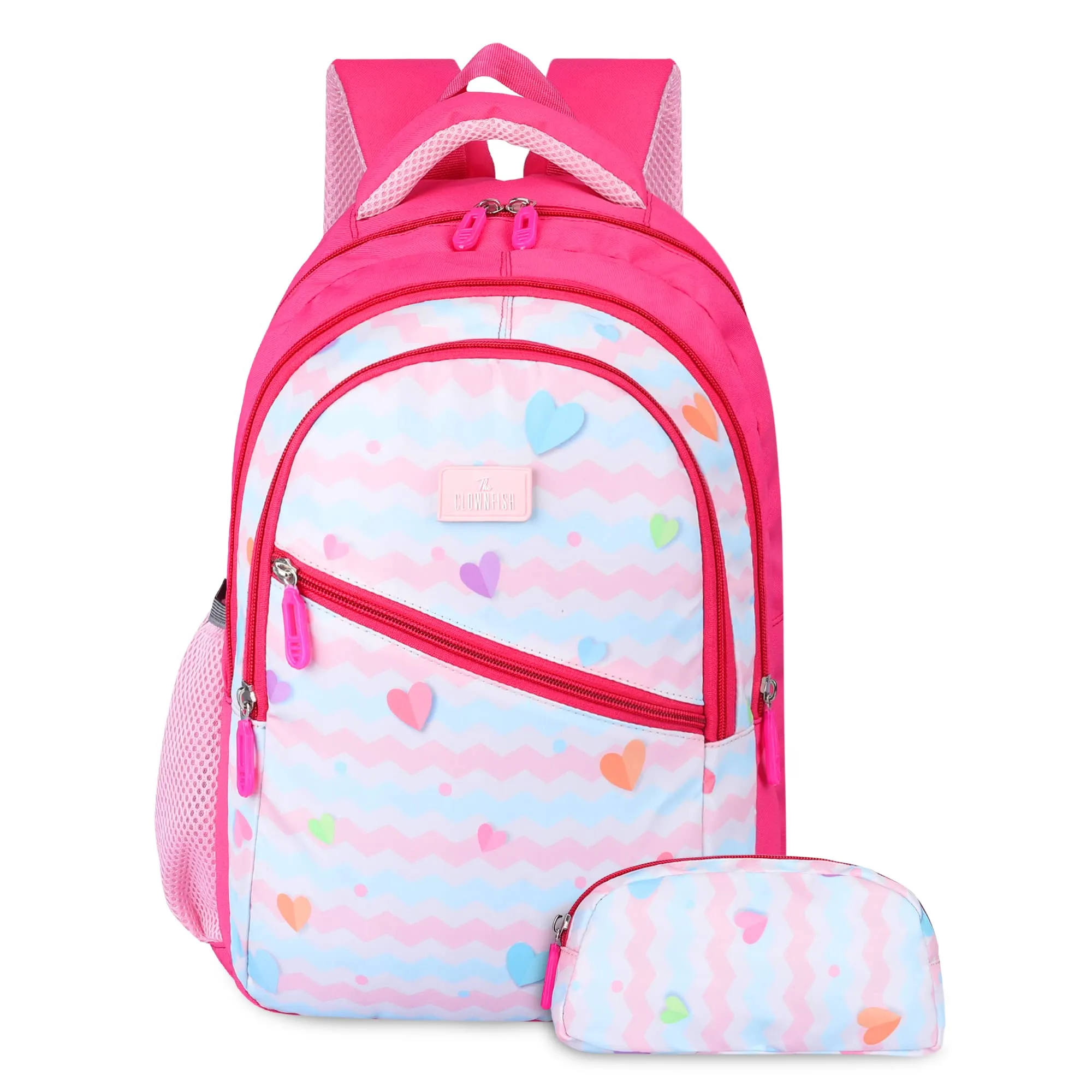 THE CLOWNFISH Brainbox Series Printed Polyester 30 L Standard Backpack With Pencil/Staionery Pouch School Bag Front Cross Zip Pocket Daypack Picnic Bag For Boys & Girls, Age 8-10 Years (Blush Pink)