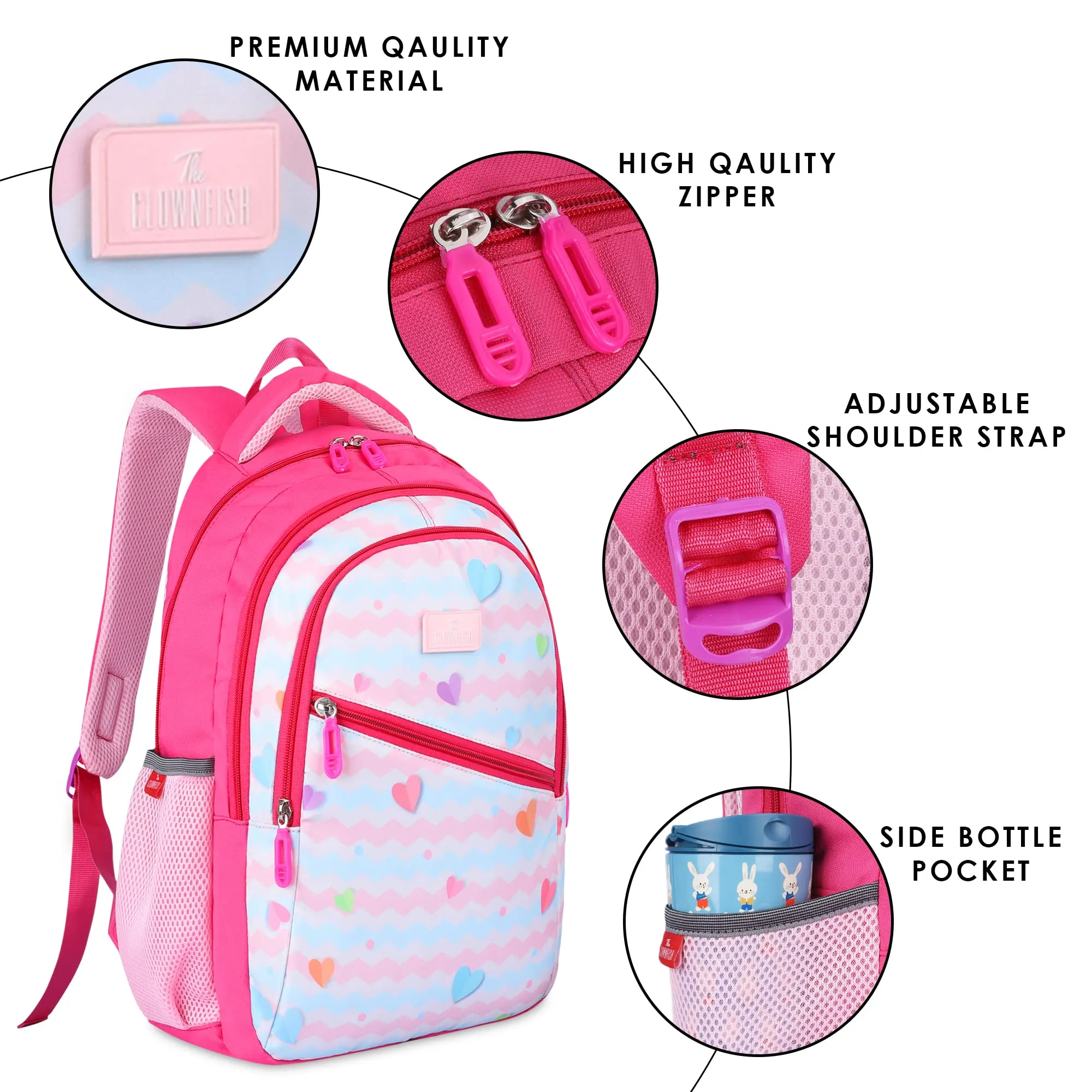 THE CLOWNFISH Brainbox Series Printed Polyester 30 L Standard Backpack With Pencil/Staionery Pouch School Bag Front Cross Zip Pocket Daypack Picnic Bag For Boys & Girls, Age 8-10 Years (Blush Pink)